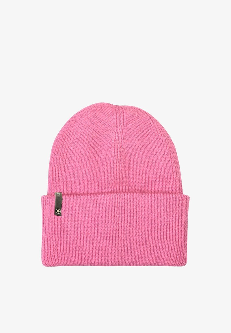 Pink knitted beanie with a folded brim, featuring a ribbed texture and a small metallic logo tag on the side.