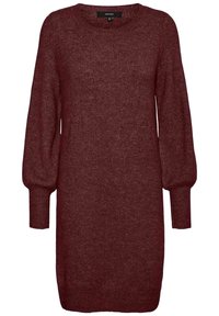 Robe-pull bordeaux avec manches longues bouffantes, encolure ronde et texture en maille douce. Présente une coupe décontractée et des poignets côtelés.