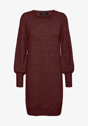Vínové svetrové šaty s dlouhými nafouklými rukávy, kulatým výstřihem a jemnou pletenou strukturou. Mají volný střih a žebrované manžety.
