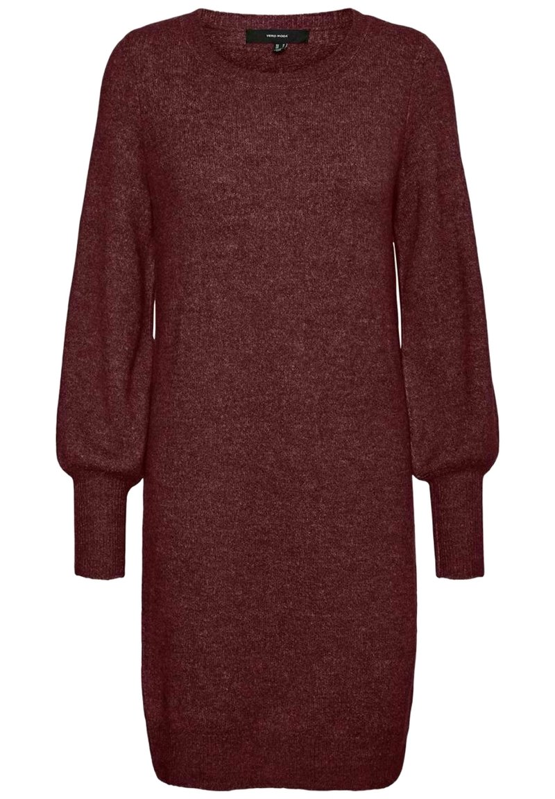 Robe-pull bordeaux avec manches longues bouffantes, encolure ronde et texture en maille douce. Présente une coupe décontractée et des poignets côtelés.
