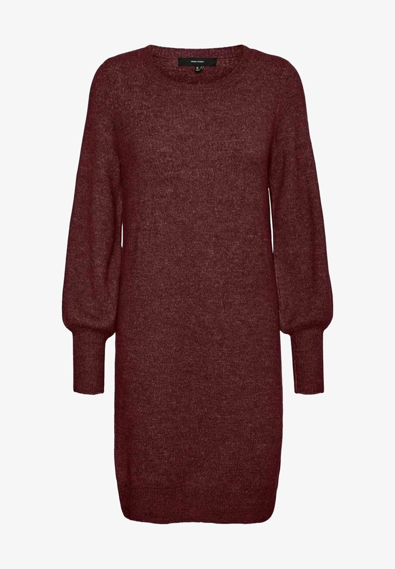Robe-pull bordeaux avec manches longues bouffantes, encolure ronde et texture en maille douce. Présente une coupe décontractée et des poignets côtelés.