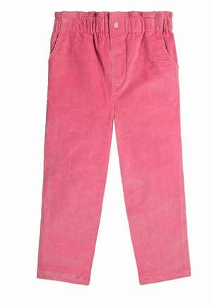 Rosa Cordhosen mit elastischem Bund, Fronttaschen und einem einzelnen Knopfverschluss. Merkmale sind die vertikale gerippte Textur und der gerade Schnitt.
