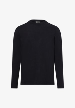 Langærmet sort skjorte lavet af glat stof, med en rund halsudskæring og enkelt design uden ekstra mønstre eller detaljer.