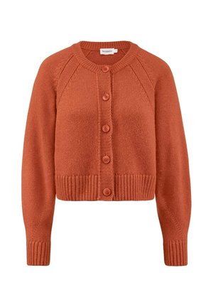 Roodbruine gebreide cardigan met een ronde halslijn, vijf knopen aan de voorkant, ribgebreide randen en raglanmouwen. Zachte textuur en cropped lengte.