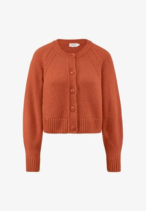 Rustfarbenes Strickcardigan mit runder Halslinie, fünf Knöpfen an der Vorderseite, gerippten Kanten und Raglanärmeln. Weiche Textur und cropped Länge.