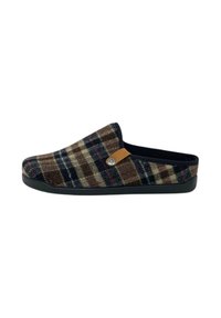 Pantofole slip-on a quadri nei colori marrone, blu navy e beige. Esterno in morbida lana con suola in gomma nera. Dettaglio in pelle con bottone in metallo.