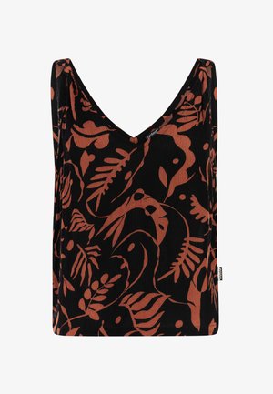Black tank top with a V-neck, featuring a textured fabric and an all-over red floral pattern. Notable for its relaxed fit and sleeveless design.