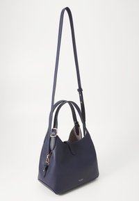 Navy leather handbag with two top handles and a detachable shoulder strap. Features a textured finish and gold-tone hardware accents.
