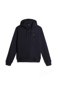 Felpa con zip blu navy realizzata in tessuto morbido. Presenta un cappuccio con cordino, polsini a costine e un piccolo logo sul lato sinistro del petto. Texture liscia.