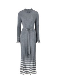 Graues gerippter Strickkleid mit langen Ärmeln, einem Rüschenausschnitt und einem Bindegurt. Verfügt über vertikale Streifen, die am Saum in horizontale Streifen übergehen.