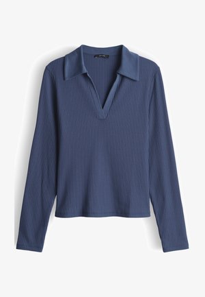 Top bleu marine à manches longues, en tissu côtelé avec col ouvert et encolure en V, confectionné en tissu doux, adapté à un usage décontracté.