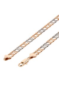 Guld- og sølvmetalkæde med sammenkoblede led, der har en skinnende finish og en lås for sikker lukning.