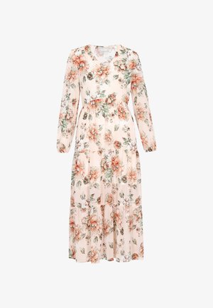 Ilga rankovė, V formos iškirptė su minkštos medžiagos su gėlėmis raštu persikų, žalių ir baltų spalvų. Suknelė turi daugiasluoksnį sijoną ir elastingą juosmenį.