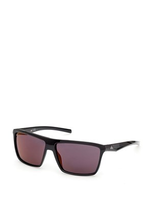 Lunettes de soleil rectangulaires noires avec verres teintés foncés et branches fines sur fond blanc.