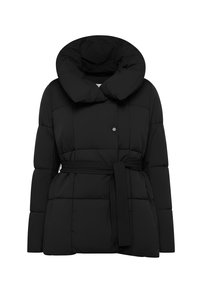 Giacca piumino nera con un ampio cappuccio pieghevole, vita con cintura e motivo trapuntato. Realizzata in un tessuto liscio con una texture imbottita.