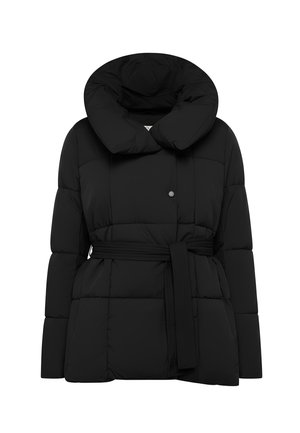 Giacca piumino nera con un ampio cappuccio pieghevole, vita con cintura e motivo trapuntato. Realizzata in un tessuto liscio con una texture imbottita.