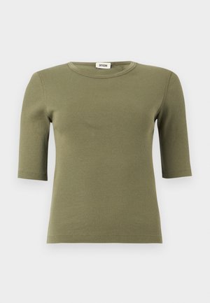 Ribbed olive green short-sleeve top with crew neck and mid-length sleeves by Drykorn, displayed on white background.