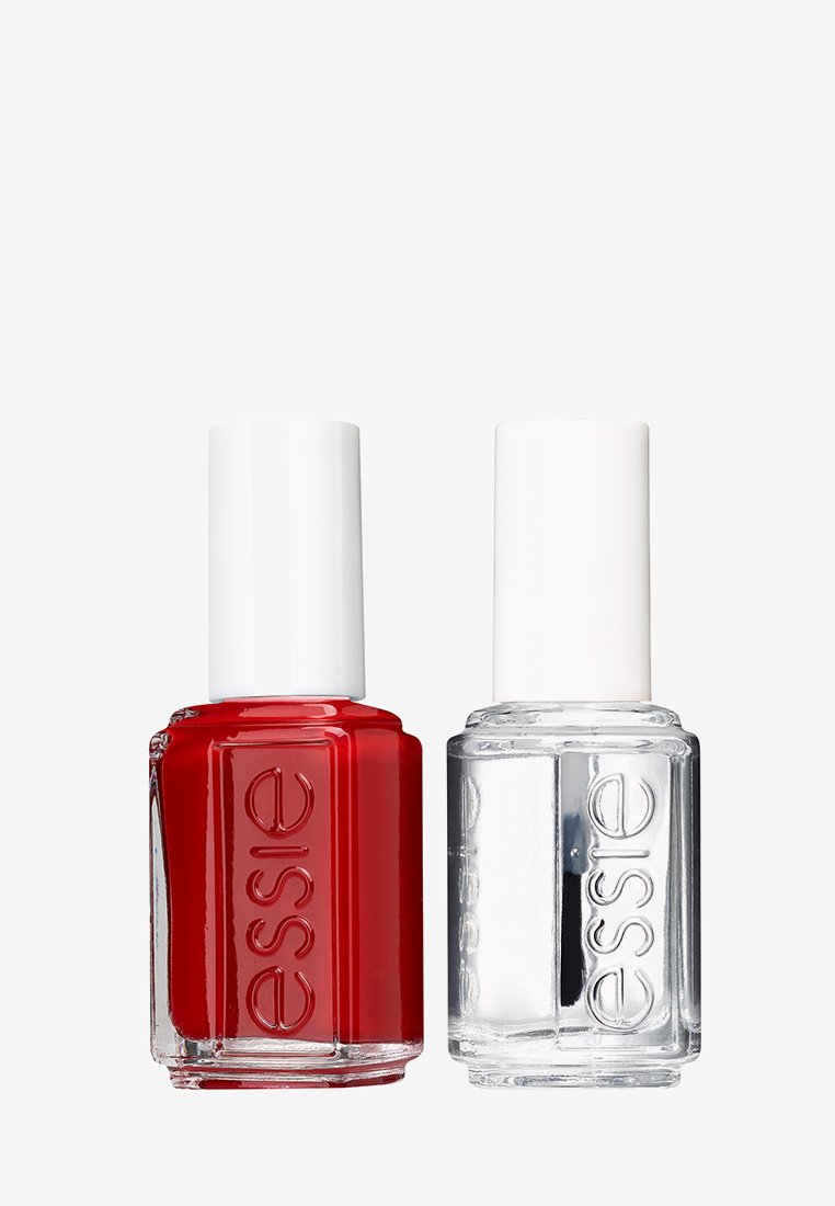 Dwa lakiery do paznokci Essie. Jeden czerwony z kwadratowym szklanym korpusem i białą nakrętką; drugi bezbarwny top coat o podobnym designie.