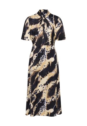 Lühikeste varrukatega kleit, mis on tehtud siledast kangast ja millel on abstraktne pruun, must ja beež muster, kõrge kaelus ja lipsusõlme detail.