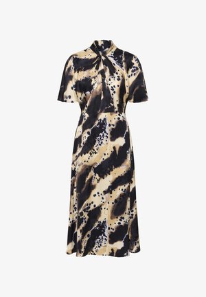 Jurk met korte mouwen van een gladde stof met een abstract patroon in bruin, zwart en beige, voorzien van een hoge halslijn en een strikdetail.