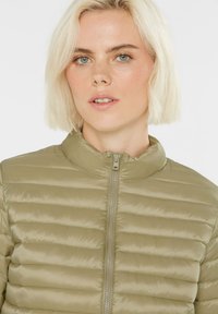 Olivengrüne Steppjacke mit horizontalen Nähten, Reißverschluss und Stehkragen. Glattes, glänzendes Material mit weicher Textur.