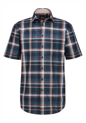 Camicia a maniche corte a quadri in blu scuro, beige e ruggine; presenta una chiusura con bottoni, colletto a punta e una tasca sul petto. Materiale in cotone.