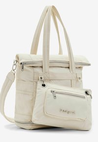 Beige Tragetasche mit zwei Griffen, Reißverschlussverschluss, gesteppter Textur und abnehmbarem Täschchen mit Reißverschlusstasche. Aus leichtem Material gefertigt.