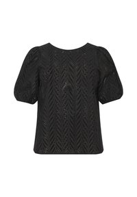 Black top featuring a textured fabric with leaf-pattern cutouts, round neckline, and puffed short sleeves.