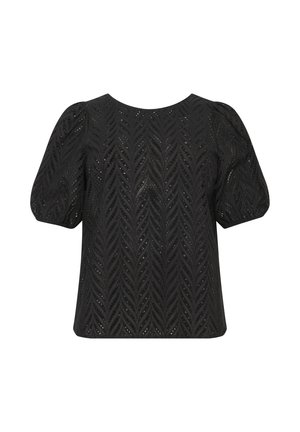 Black top featuring a textured fabric with leaf-pattern cutouts, round neckline, and puffed short sleeves.