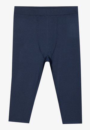 Marineblaue Sportleggings aus dehnbarem Material, mit einem figurschmeichelnden Design, mittellanger Länge bis zur Wade und einem verstärkten Bund.