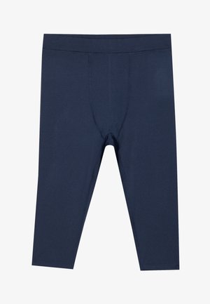 Leggings atléticos azul marinho feitos de material elástico, com um design ajustado, comprimento até a metade da panturrilha e uma cintura reforçada.