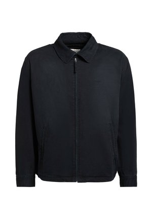 Veste noire à fermeture éclair avec col, deux poches avant et manches longues, présentée sur un fond blanc uni.