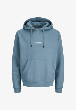 Blue hooded sweatshirt made of cotton blend, featuring a front kangaroo pocket, drawstring hood, and "JJ Studios" logo in white.