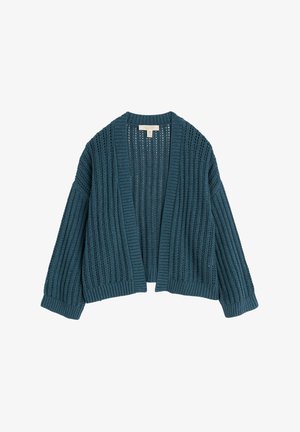 Blaue gerippte Strickjacke mit offenem Vorderteil, langen Ärmeln und lockerer Passform. Verfügt über ein strukturiertes Muster mit vertikalen Streifen.