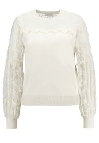 Pull blanc avec manches bouffantes en dentelle, doté d'un corps texturé et de poignets côtelés. La dentelle présente des motifs floraux sur les bords.