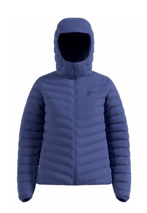 Blaue Steppjacke mit Kapuze, vorn mit Reißverschluss, horizontal gesteppte Optik und elastische Bündchen. Glatte Textur und leichtes Material.