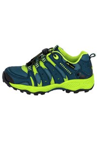 Blue and neon green athletic shoe with a textured upper, elastic laces, reinforced toe cap, and rugged black outsole.