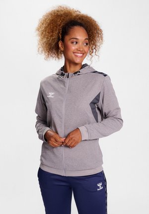 Gray zip-up hoodie with a relaxed fit, hood, and contrasting dark gray accents on shoulders. Soft fabric, ribbed cuffs, and hem.