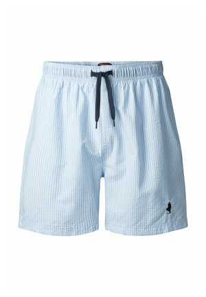 Blue and white striped swim shorts with an elastic waistband, matching drawstring, and small black logo on the lower left side.