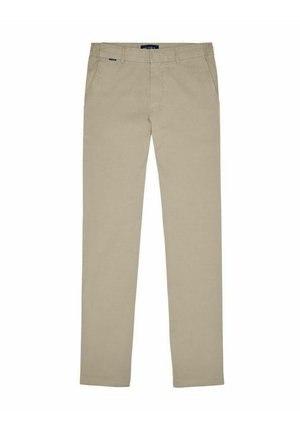 Chinos beiges avec une coupe droite, fabriqués en tissu de coton, comportant des poches latérales et un détail de étiquette à la taille. Texture lisse sans motifs.