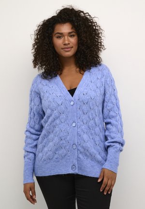 Vaaleansininen neule cardigan, jossa on timanttikuvioinen pinta, pitkät hihat, V-pääntie ja viisi nappia edessä.