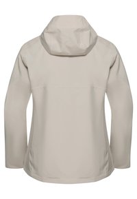 Helle beige wasserdichte Jacke mit Kapuze, glatter Textur, langen Ärmeln und geradem Schnitt. Keine sichtbaren Beschläge oder Muster.