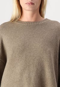 Beige ullblandad tröja med rund halsringning, ribbat avslut och avslappnad passform. Mjuk textur och lätt glans, med sänkta axlar.