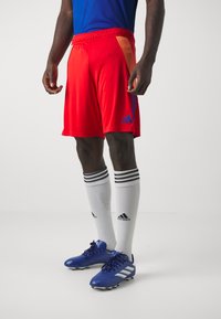 Punased spordilühikesed püksid oranžide külgpaneelidega ja sinise Adidas'i logoga, koos valgete põlvekõrguste sokkidega mustade triipudega ja siniste jalkaketsidega.