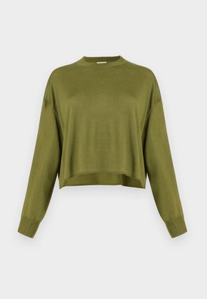 Olive green long-sleeve cropped sweater with a high crew neck and ribbed cuffs against a white background.