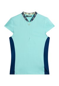 Lichtblauw sportshirt met korte mouwen, marineblauwe zijpanelen, een ritssluiting bij de kraag en een patroon bij de halslijn. Gemaakt van glad materiaal.