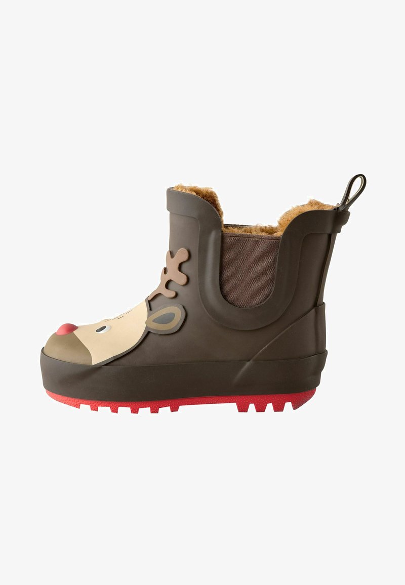 Bota de goma marrón con suela roja, forro de piel de pelo, y diseño de cara de reno con cuernos, nariz y ojos. Altura hasta el tobillo con tirador.