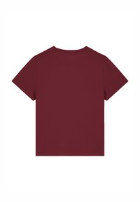 Burgunderfarbenes T-Shirt mit kurzen Ärmeln, runder Ausschnitt, leichtes Baumwollmaterial, schlichtes Design ohne sichtbare Logos oder Muster auf der Rückseite.