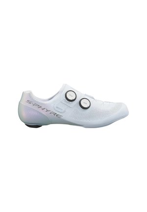 Hvid S-Phyre cykelsko med perforeret overdel, to sort-hvide BOA-drejelukninger og refleksivt hælpanel.
