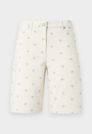 Σορτς από τζιν σε κρεμ χρώμα με μικρά μοτίβα λουλουδιών σε μωβ και κίτρινο, με κουμπί μπροστά, θηλιές για ζώνη και πλαϊνές τσέπες.